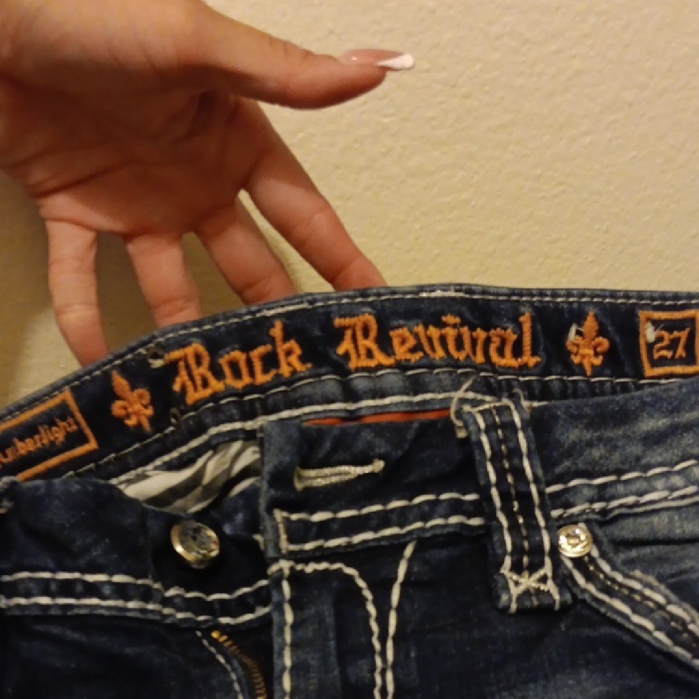 Rock Revival Dark Blue Boot Cut Jeans with Gold Embellishments - Picture 3 of 4